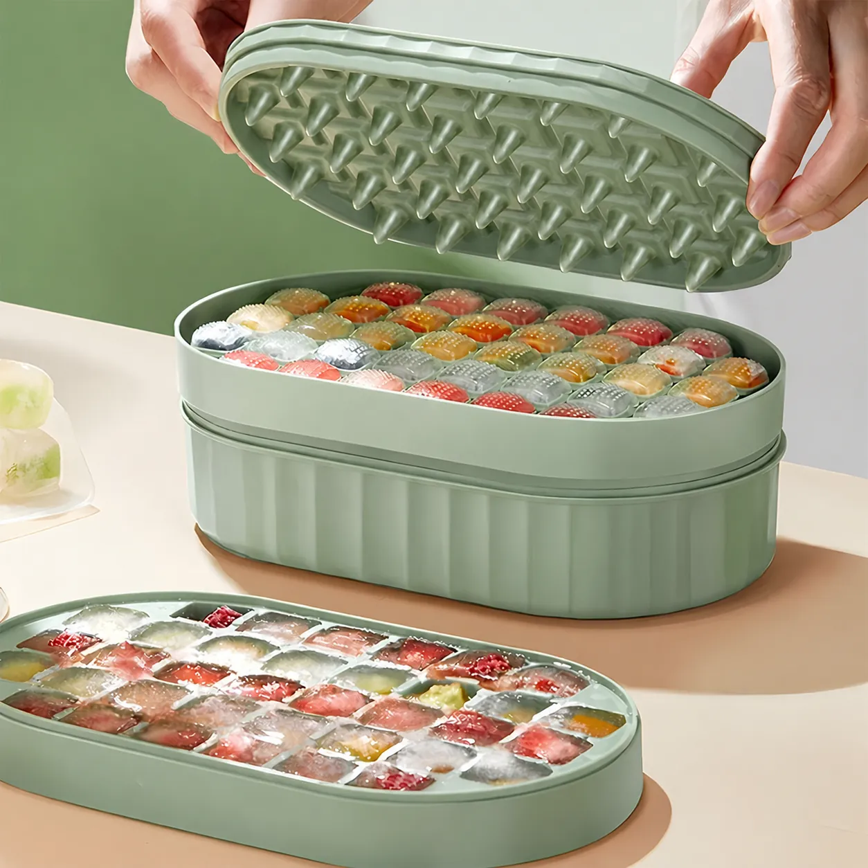 Ice Cube Mold With Lid Storage Bin Silicone Soft Bottom Easy Release Large Capacity Reusable Maker And Scoop