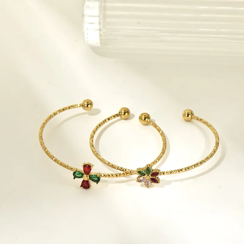 Stainless Steel Open Cuff Bracelet For Women Flower Colorful Zirconia Inlaid Gold Plated Hammered Texture Jewelry Gift