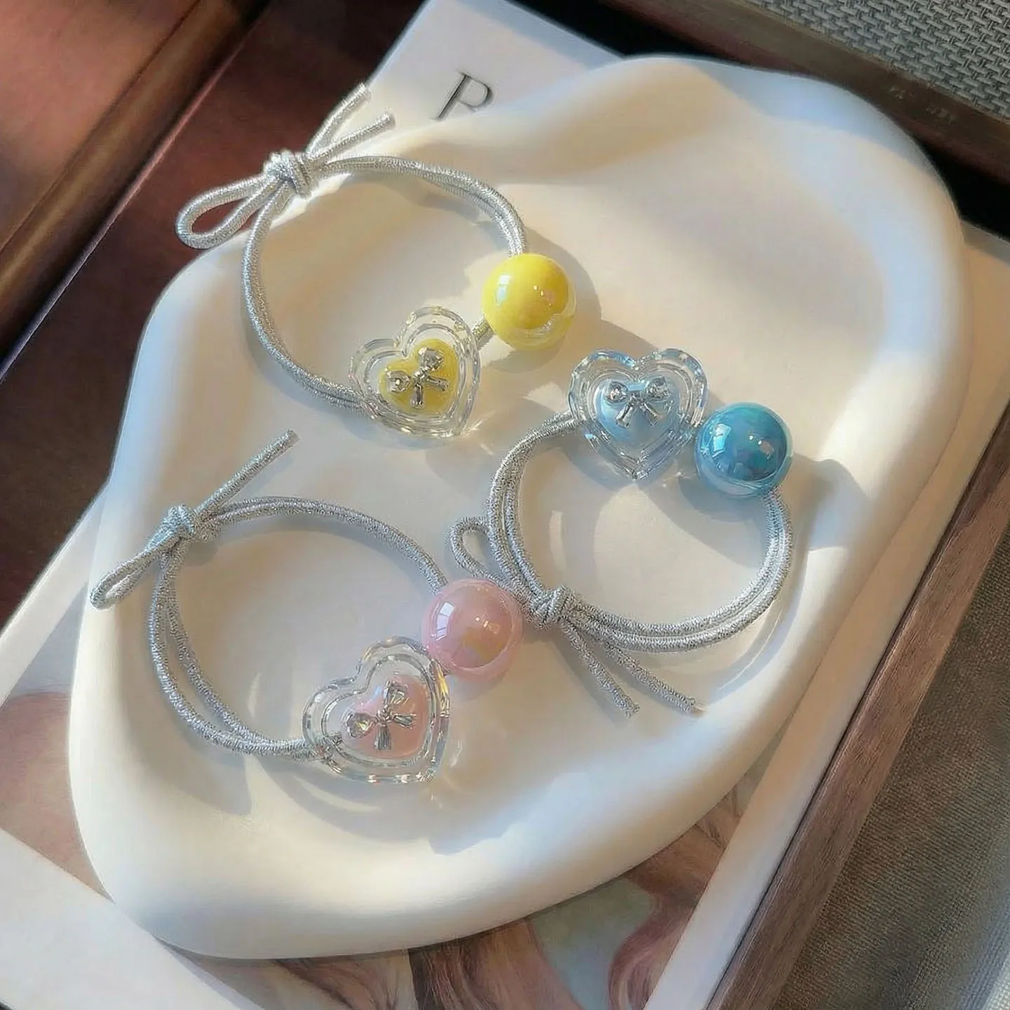 Korean Sweet Girl Heart Bowknot Elastic Hair Tie Phantom Colorful Beads High Elasticity Rubber Band Women Hair Accessories