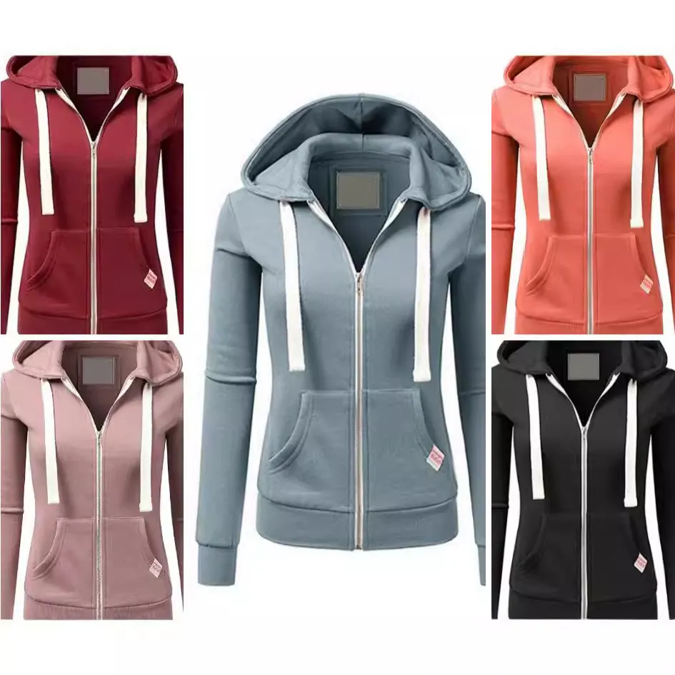 Women Casual Zip Up Hoodie Sweatshirt Patchwork Long Sleeve Hooded Jacket With Pockets Solid Color Urban Fashion Sporty Top