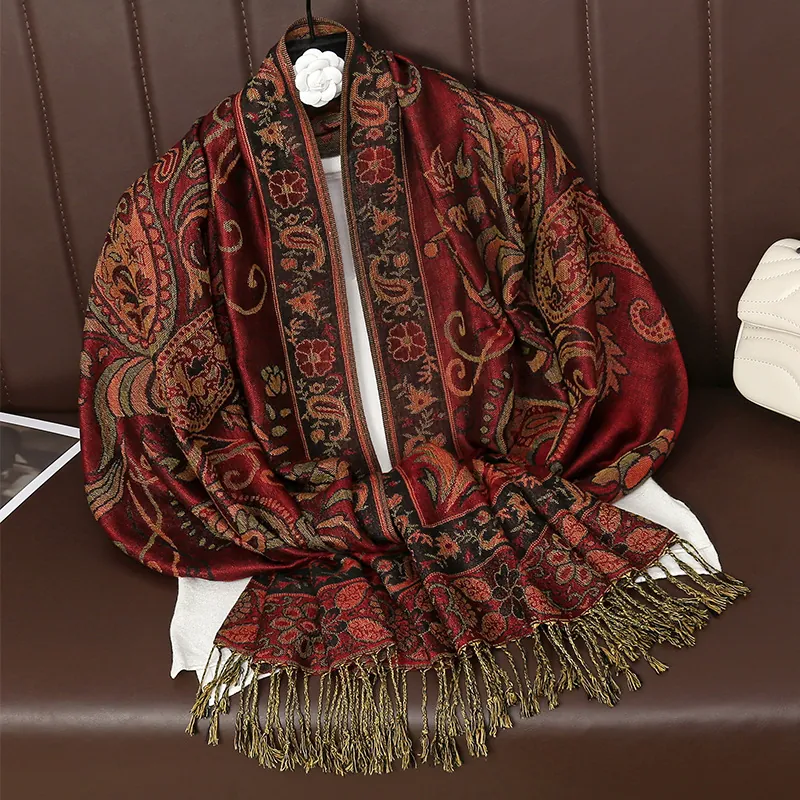 Écharpe Jacquard Paisley Vintage pour Femmes Châle Long en Polyester Élégant Rouge Vin avec Glands pour Protection Solaire Salle Climatisée