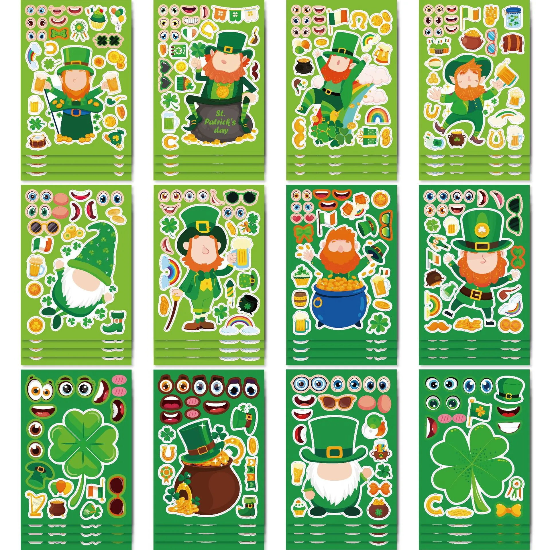 Pegatinas de Cara DIY del Día de San Patricio Dibujos Animados Leprechaun Trébol Arcoíris Rompecabezas Para Niños Fiesta Juego