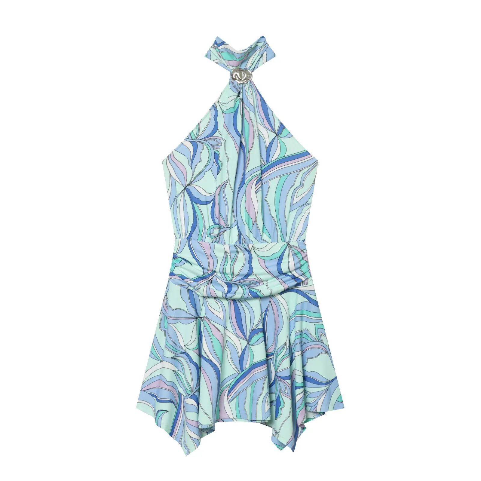 Robe Mini d'Été pour Femmes Dos Nu Sans Manches Imprimé Ondes Abstraites Ourlet Évasé Détail de Boucle en Métal Robe en Polyester Décontracté Plage