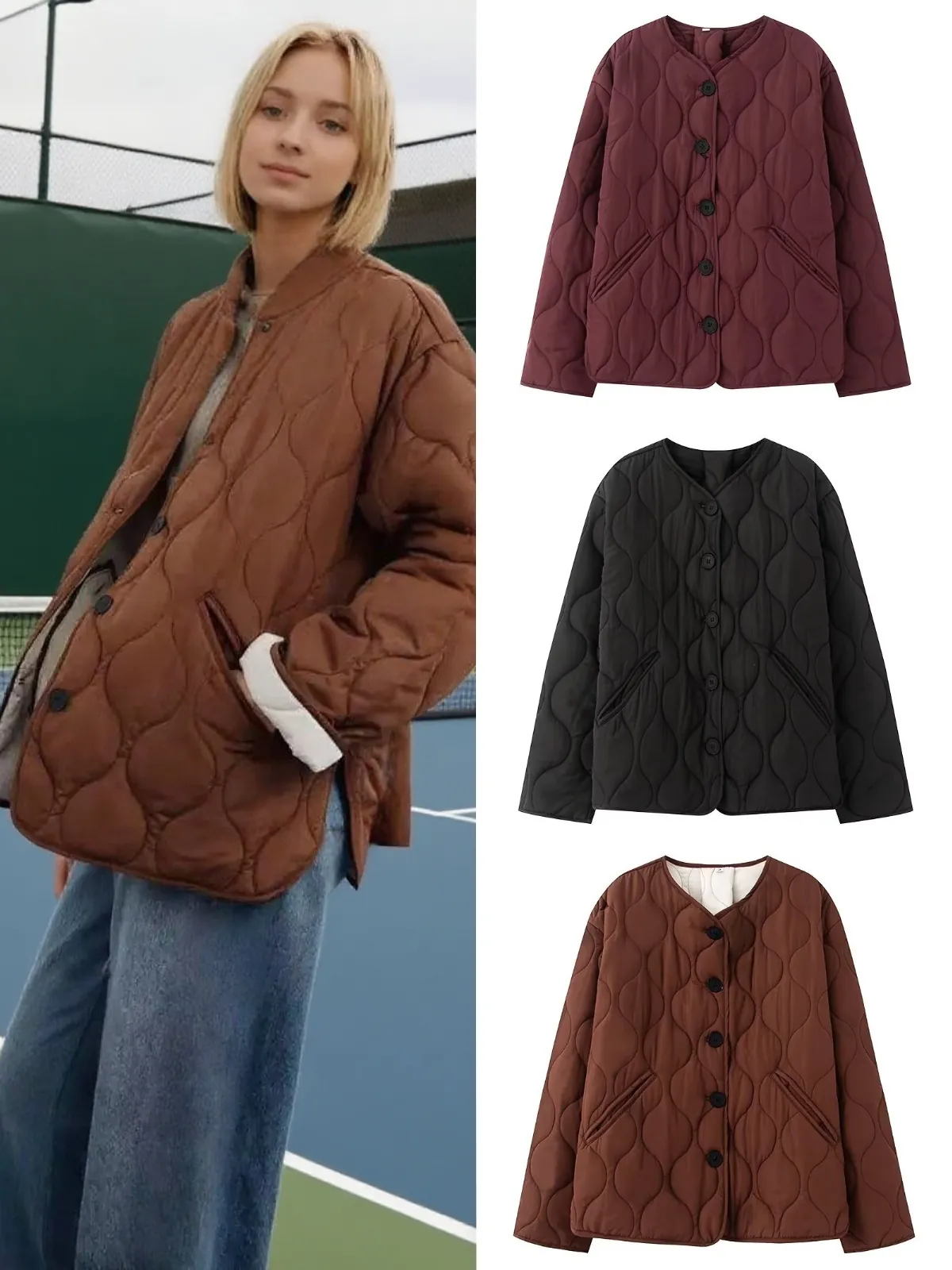 Veste Matelassée à Col Rond pour Femme Automne Hiver Simple Polyvalente en Polyester à Manches Longues Boutonnée Extérieur Décontracté