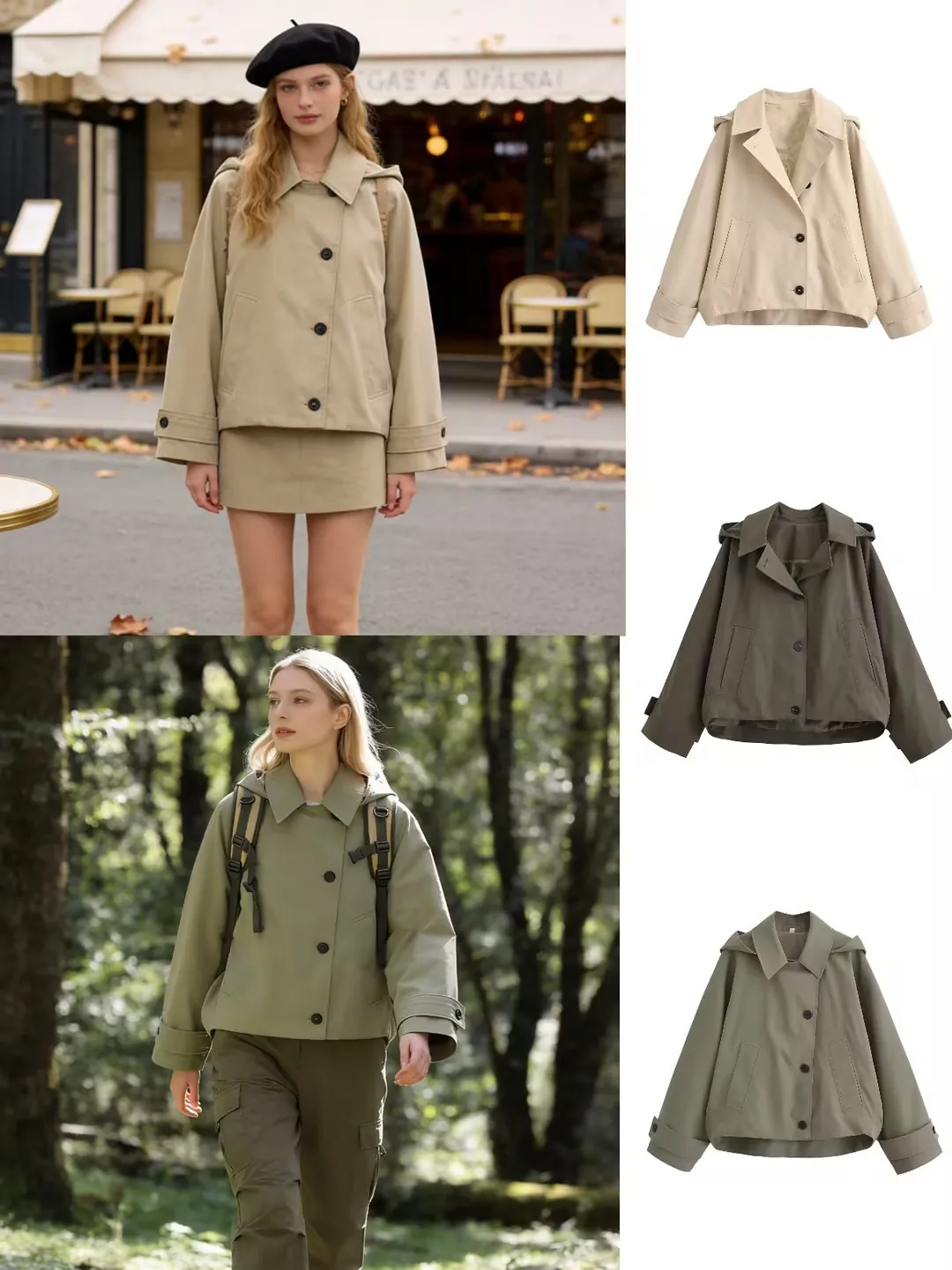 Women Fashion Hooded Cape Trench Coat Casual Solid Color Single Breasted Windbreaker Jacket With Pockets Outerwear Top