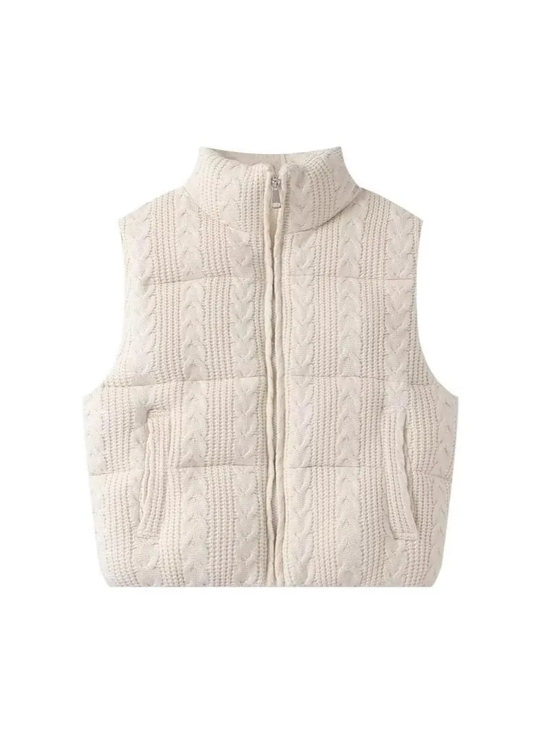 Women Cable Knit Padded Vest Stand Collar Sleeveless Jacket Loose Casual Zipper Waistcoat Warm Polyester Outerwear Top
