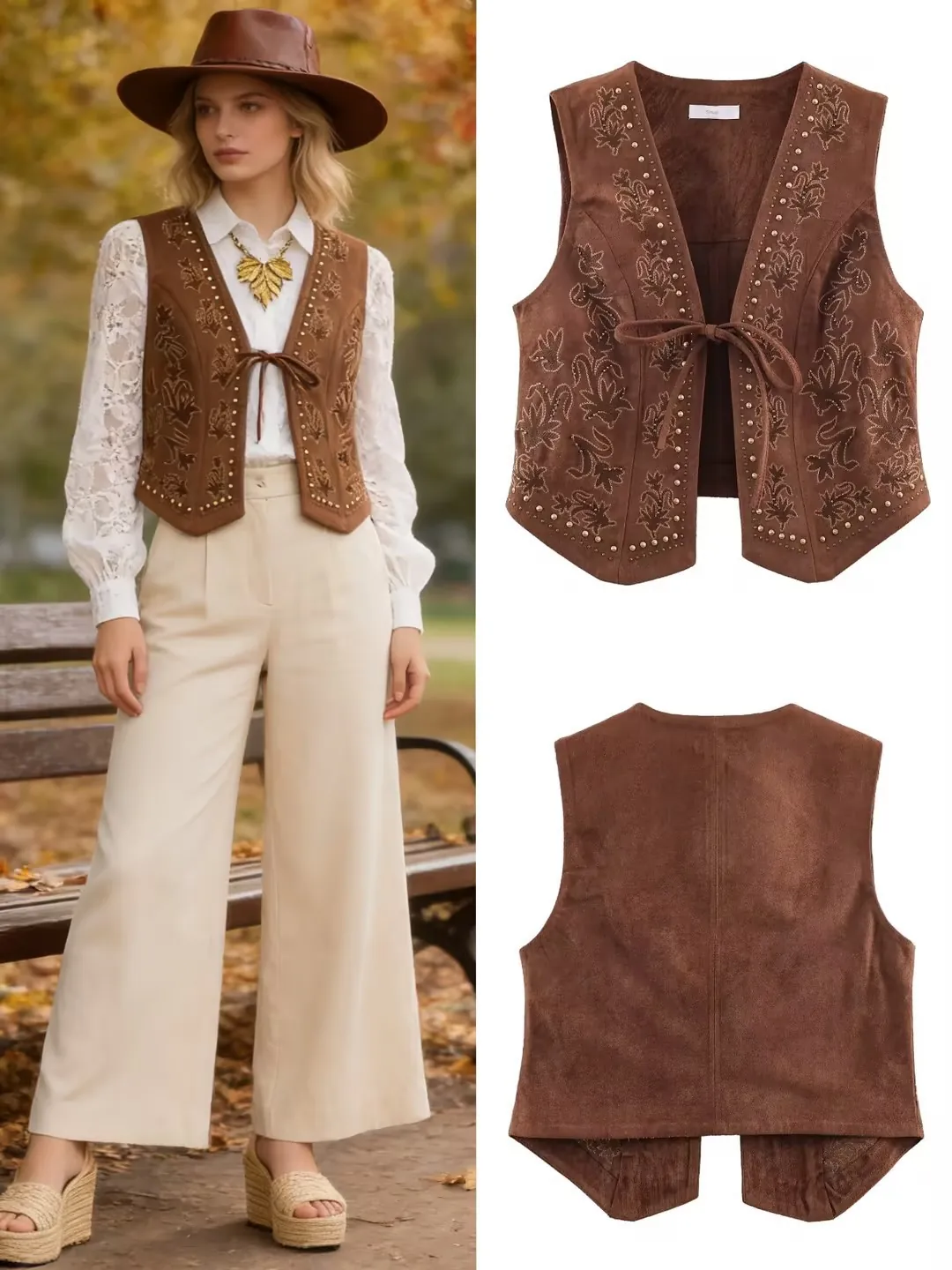 Gilet Vintage Brodé à Clous pour Femmes Texture Daim Polyester Col en V à Lacets Haut Sans Manches Style Boho Ethnique Veste