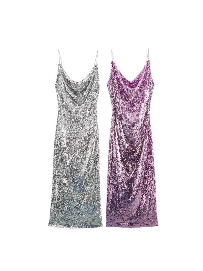 Vestido Largo de Lentejuelas Sexy para Mujer con Cuello de Capucha Elegante Vestido de Fiesta de Tirantes para Banquete Boda
