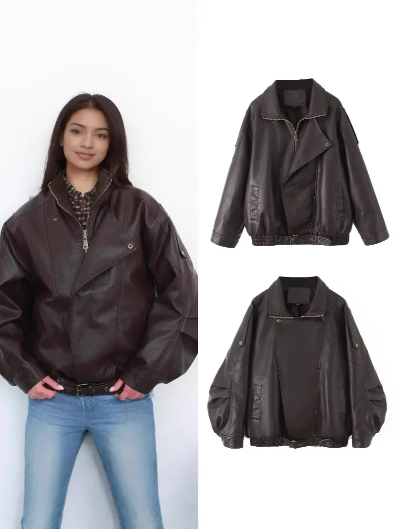 Chaqueta de Cuero PU Moderna High Street con Cuello Doble Oversized Vintage Desgastada Abrigo Biker para Mujer