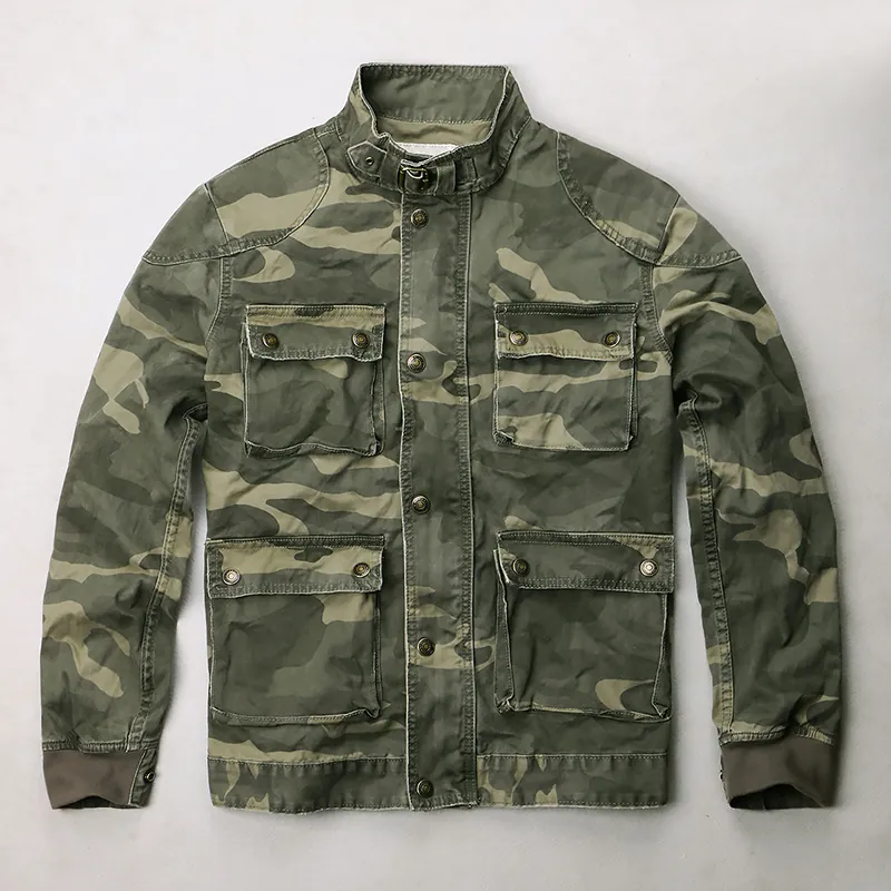 Men's Vintage Military Camouflage Work Jacket Stand Collar Multi-pocket Casual Zip-up Cotton Outerwear Retro Utility Coat