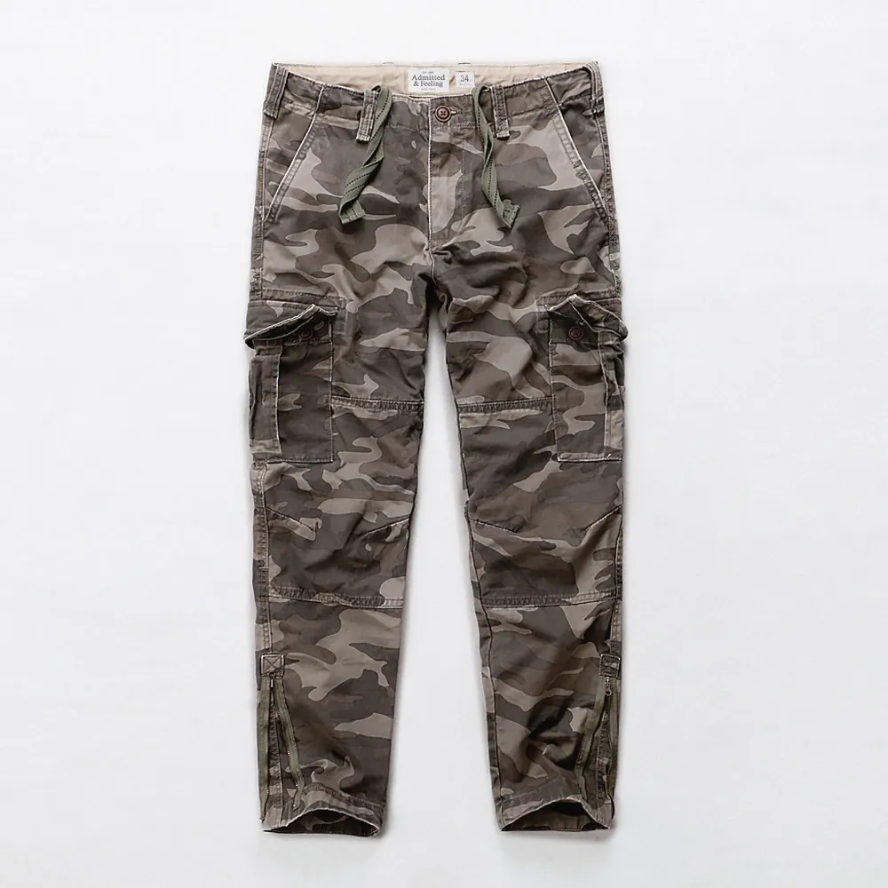American Vintage Men's Cotton Cargo Pants Loose Camouflage Multi-Pocket Sporty Washed Pants With Zippered Cuffs Straight Leg Trousers
