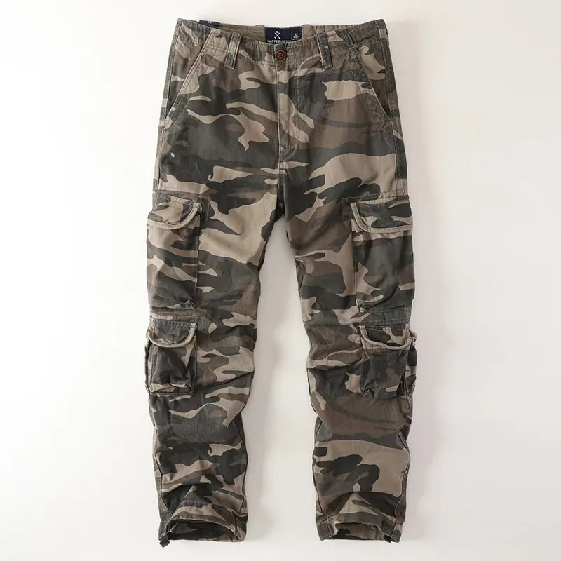 Men Retro Amekaji Cotton Cargo Pants Multi Pocket Straight Leg Casual Camouflage Tactical Work Trousers For Outdoor