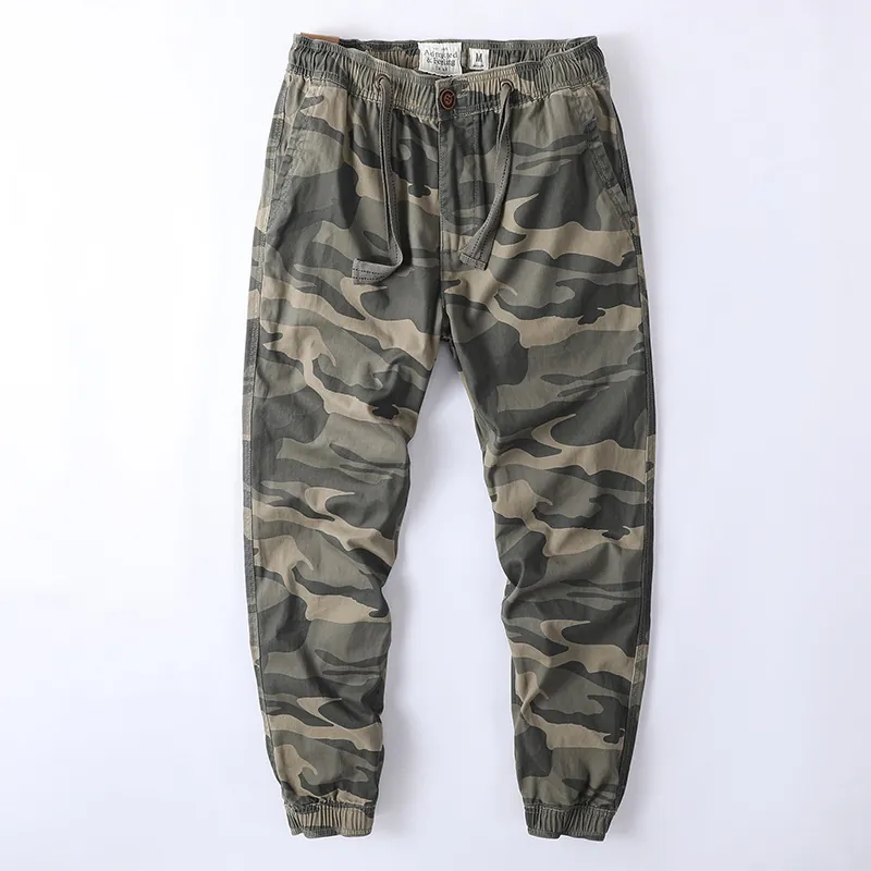 Men American Retro Cotton Camouflage Cargo Pants Loose Plus Size Outdoor Casual Jogger Cuffs Multi-pocket Trousers