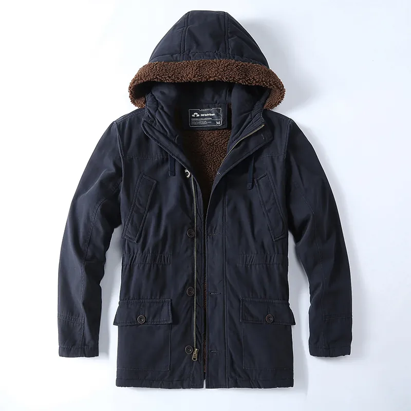 Veste Rembourrée Doublée en Polaire Vintage Américain pour Hommes Épaisse à Capuche Multi Poches Coton Hiver Mi-long Manteau Top