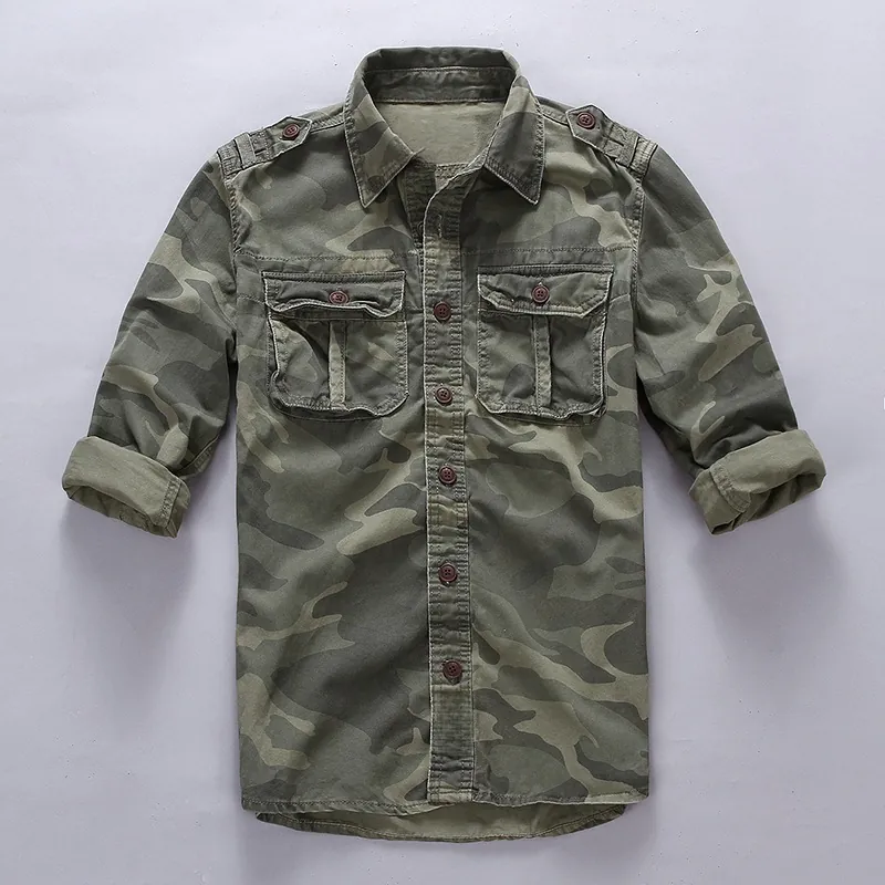 Men's American Retro Cotton Camouflage Slim Fit Workwear Shirt Thin Lapel Long Sleeve Casual Top For Men