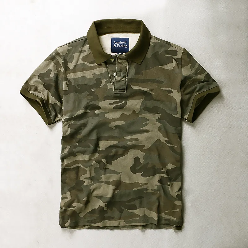 Men Casual Cotton Polo Shirt Camouflage Printed Short Sleeve Lapel Top Summer Breathable Washed Loose Polo Shirt For Outdoor