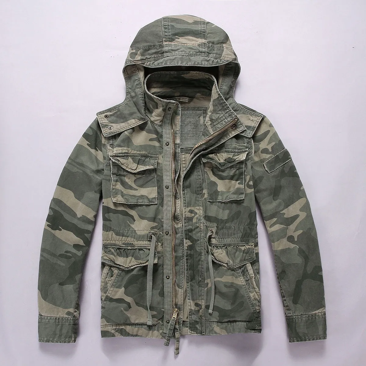 Men American Retro Camouflage Hooded Jacket Casual Workwear Multi Pocket Cotton Canvas Coat Outerwear For Men Autumn Top