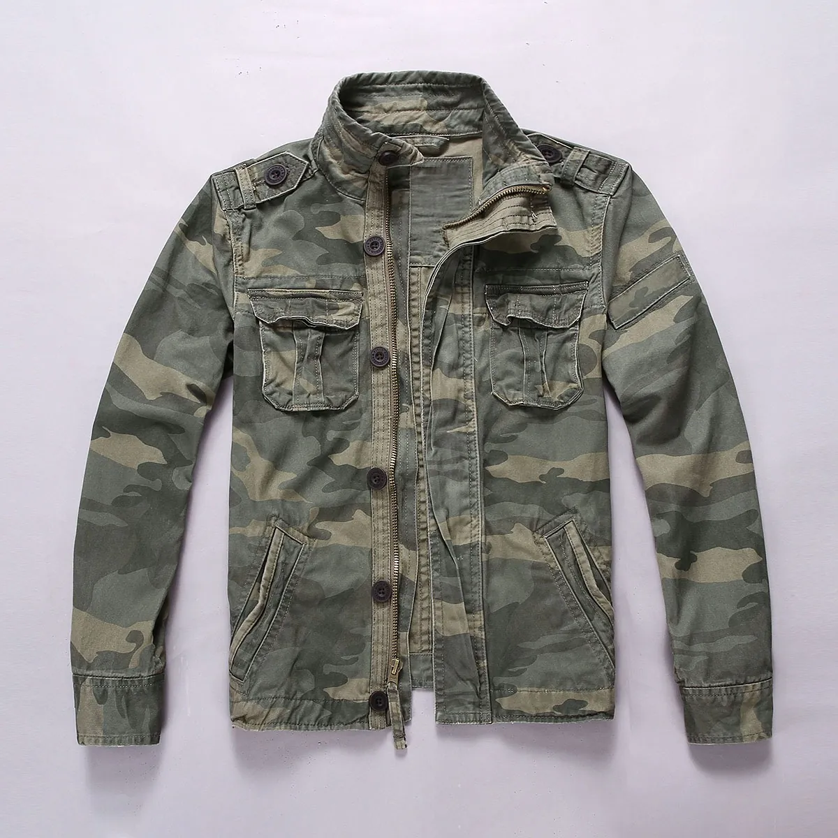 Herren Amerikanisch Retro Tarnung Utility Jacke Stehkragen Mehrfachtaschen Baumwolle Reißverschluss Oberbekleidung Lässig Militär Feldjacke