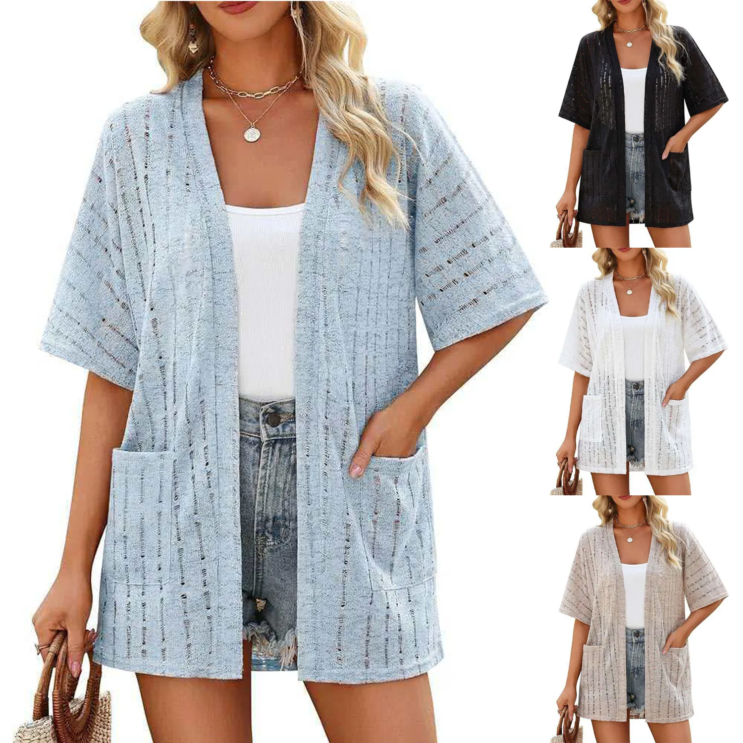 Cárdigan de Algodón Orgánico para Mujer Verano Bolsillo Manga Corta Frente Abierto Ropa de Protección Solar Textura Fina