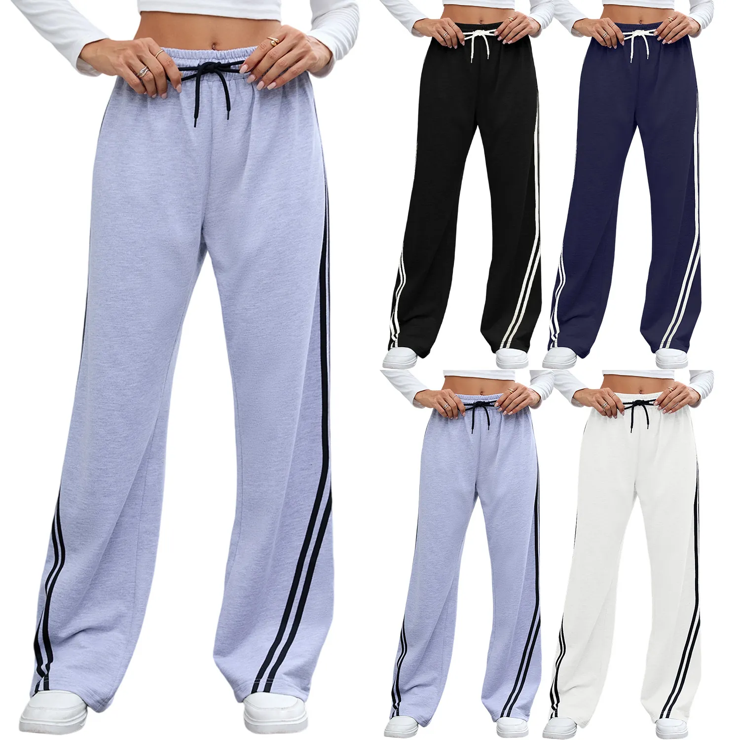 Pantalon de Jogging Ample à Jambes Larges pour Femmes Coton Bio Polyester Rayures Latérales Cordon Taille Haute Pantalon Casual