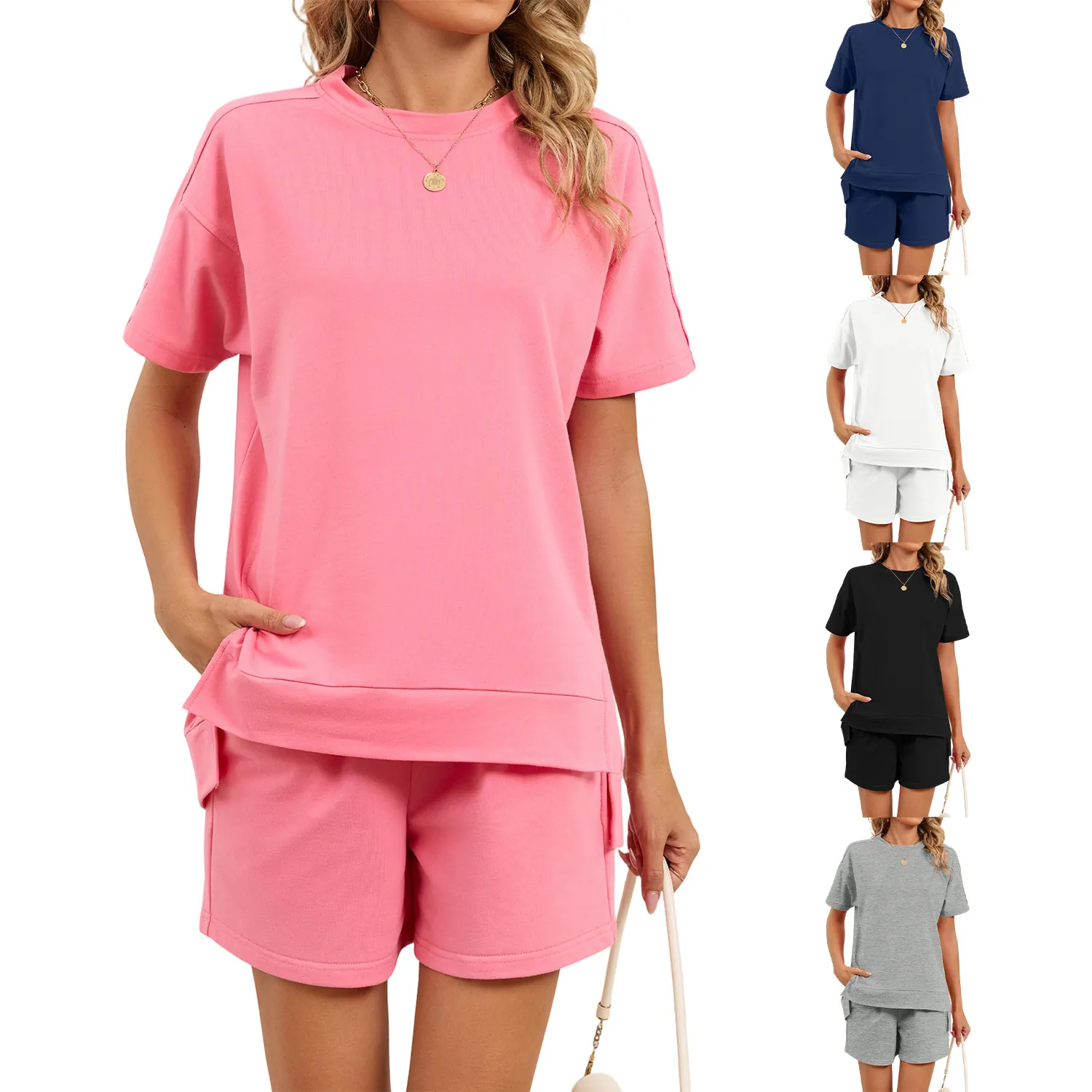 Women Casual Organic Cotton Spliced Top And Bottom Round Neck Side Slit T-Shirt Drawstring Pockets Shorts Leisure Set