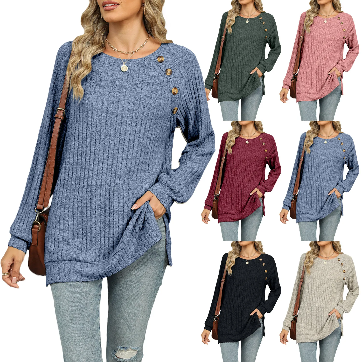 Haut Décontracté pour Femmes en Coton Biologique et Polyester Maille Côtelée Manches Raglan Fente Latérale Boutons Haut