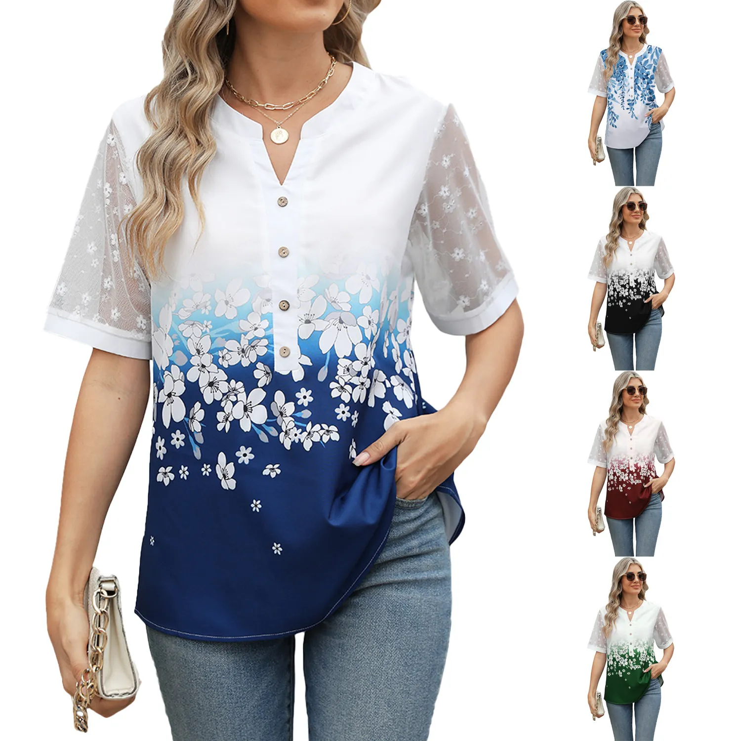 Women Casual V Neck Printed Chiffon Blouse Patchwork Lace Short Sleeve Button Gradient Floral Blouse Top For Summer