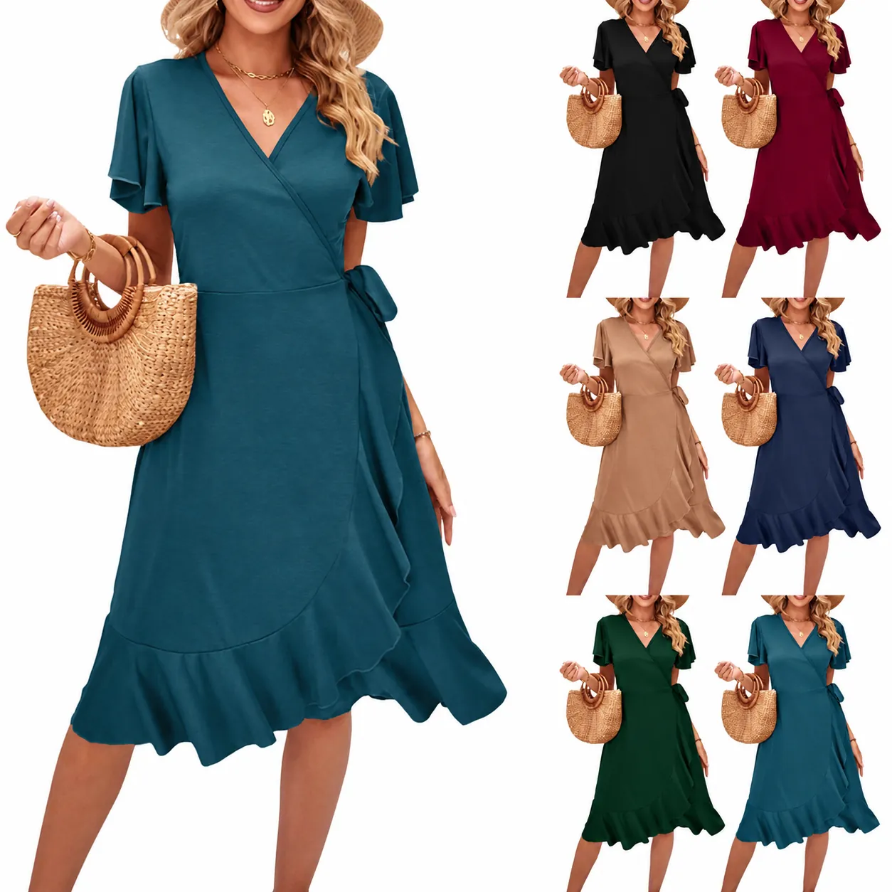 Women Sexy V Neck Short Sleeve Wrap Dress Irregular Ruffle Hem Tie Waist Rayon Polyester Summer Casual Midi Bodycon Dress