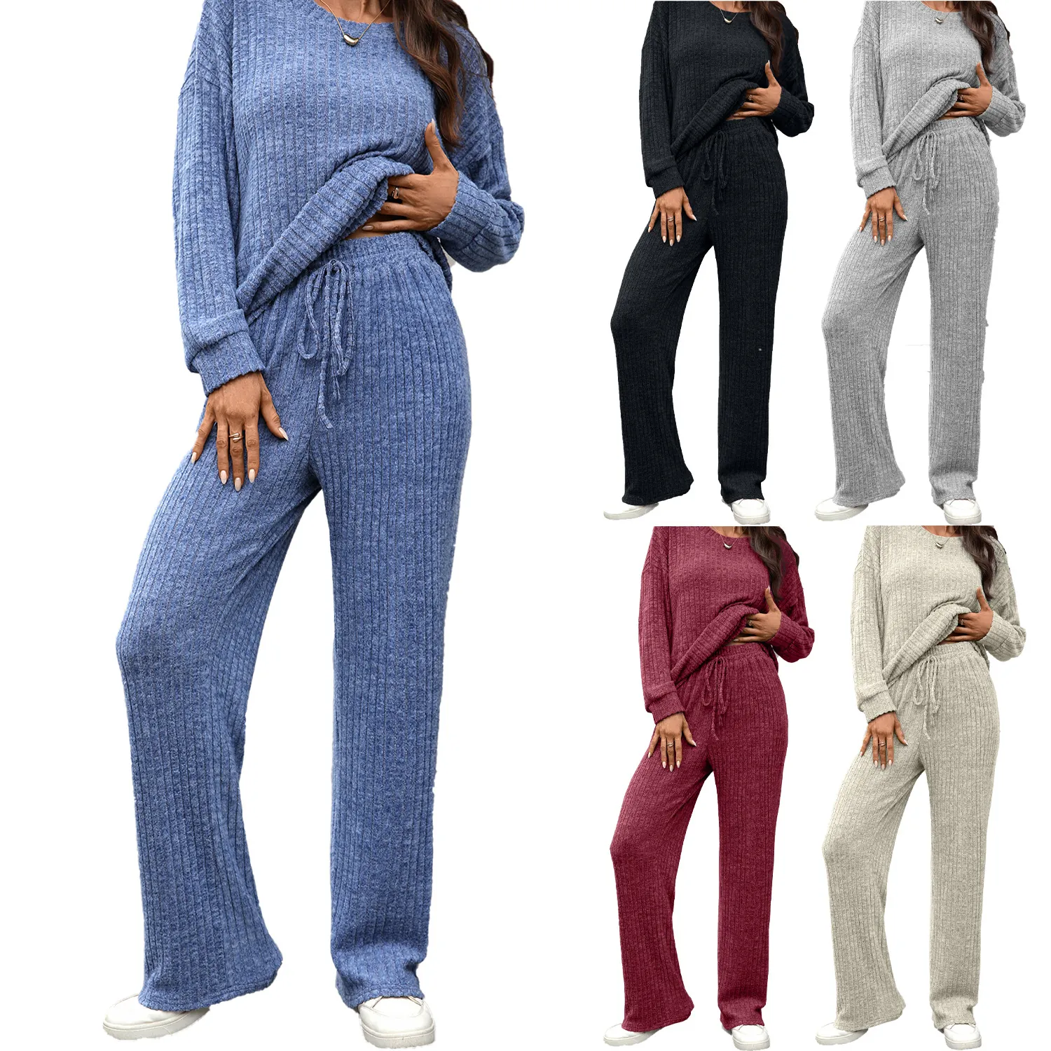 Women Casual Brushed Ribbed Knit Two Piece Top And Bottom Set Organic Cotton Crewneck Long Sleeve Pullover Drawstring Pants