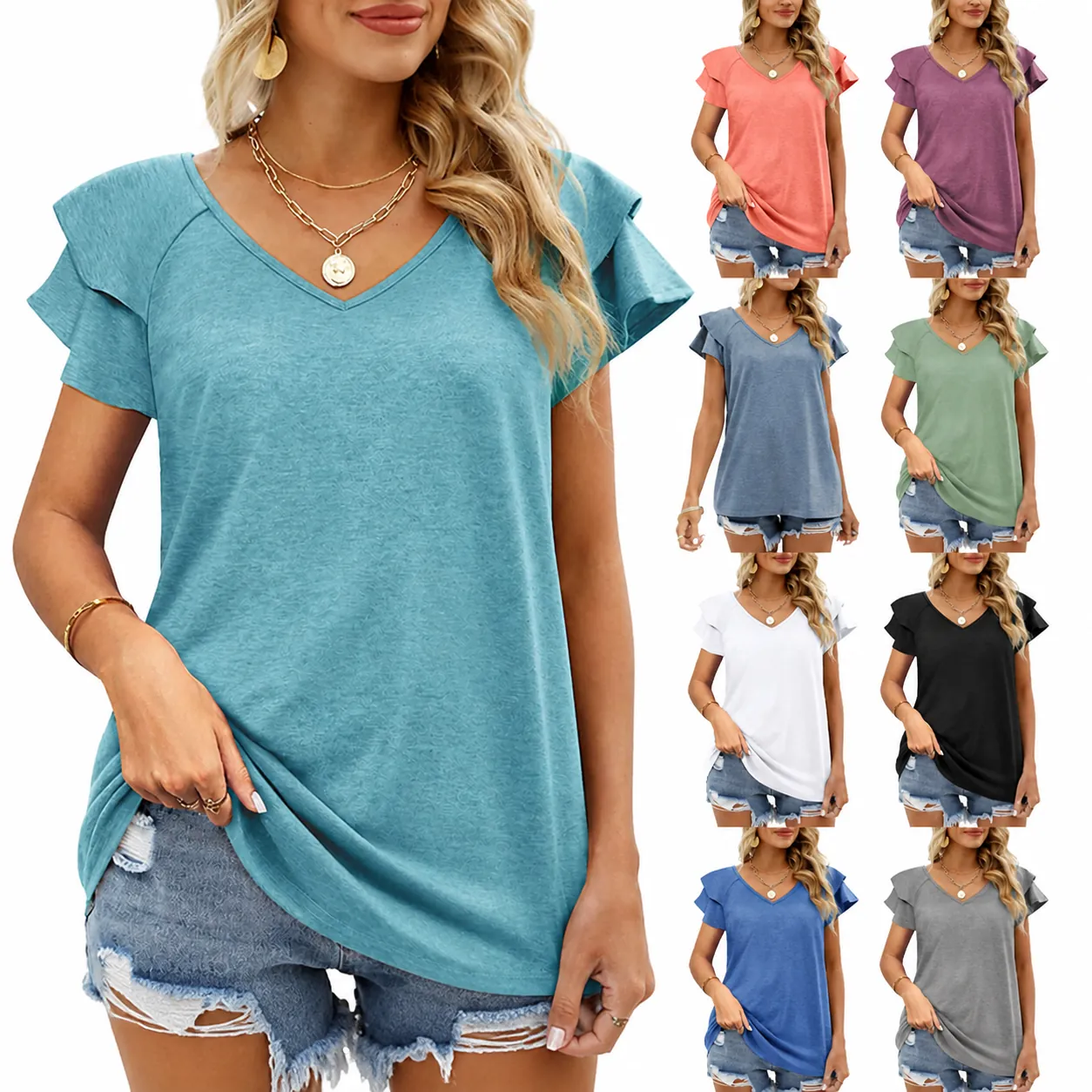 Women Summer V Neck T-Shirt Double Layer Ruffle Sleeve Top Casual Loose Solid Color Rayon Polyester Spandex Flutter Sleeve Tee