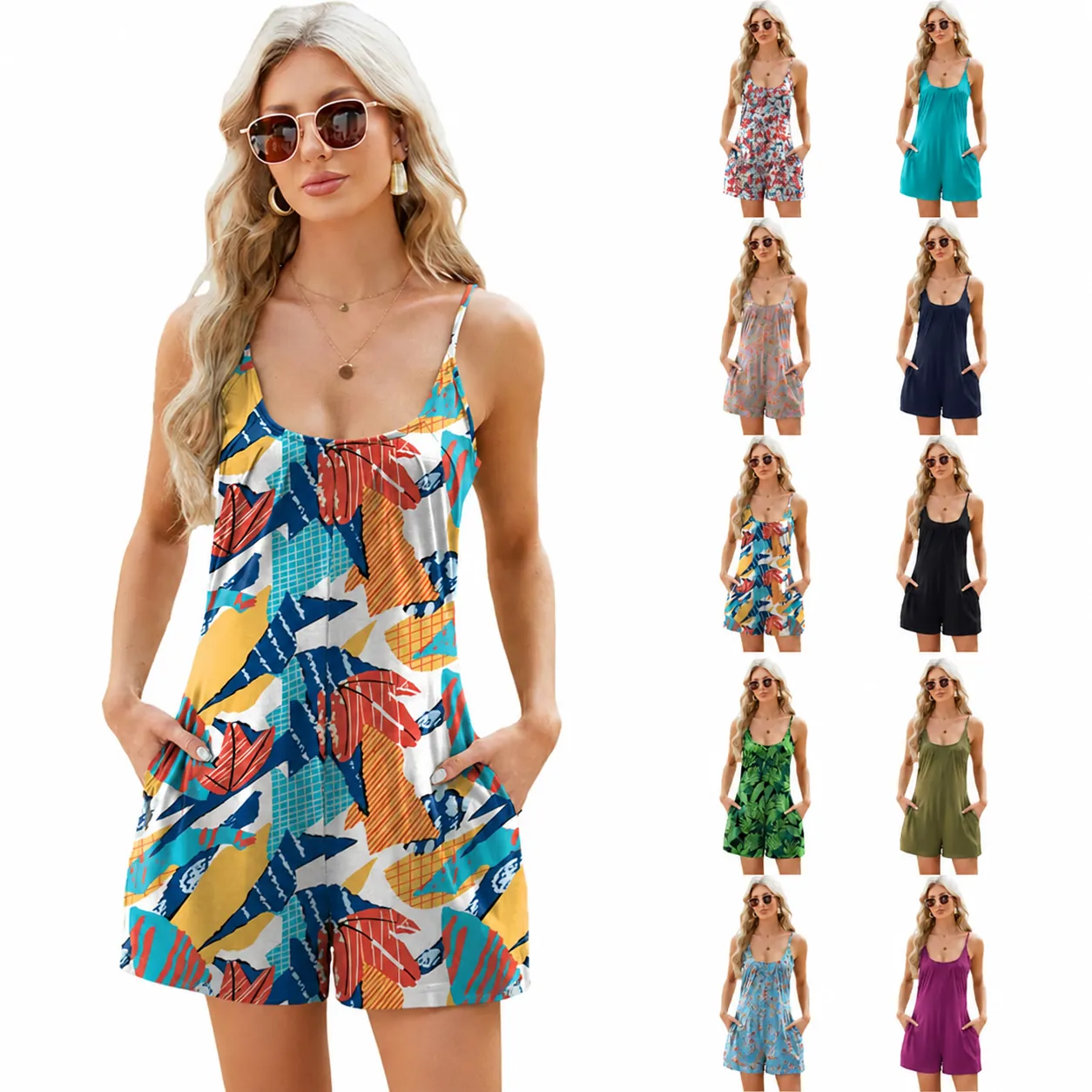 Women Casual Spaghetti Strap Romper With Pockets Kapok Polyester Blend Sleeveless Loose Fit Summer Beach Playsuit Jumpsuit
