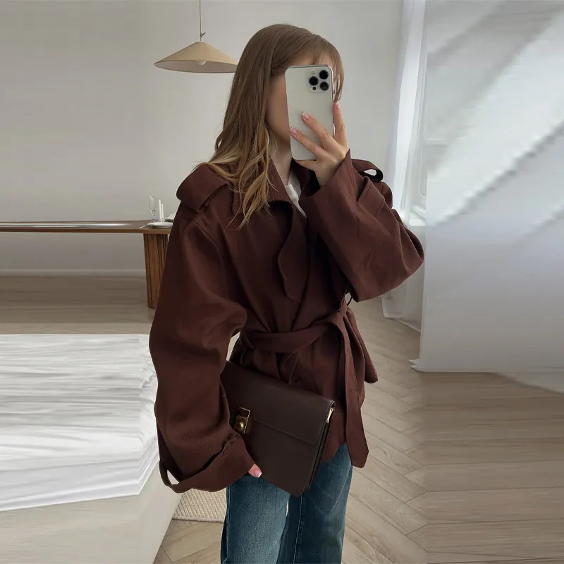 Chaqueta Corta Casual para Mujer Con Cinturón Gabardina de Color Sólido Cuello Solapa Manga Larga Patchwork Ropa Exterior