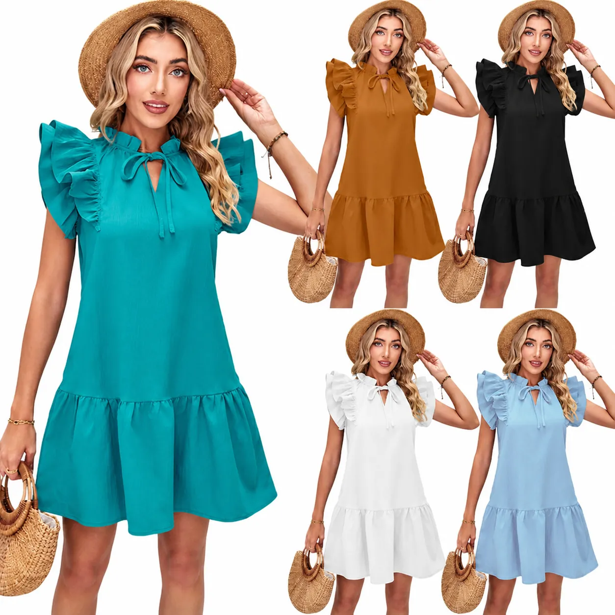 Women's Summer Ruffle Sleeve V-Neck Tie Mini Dress Solid Color Pleated A-Line Princess Dress Casual Vacation Party Outfit
