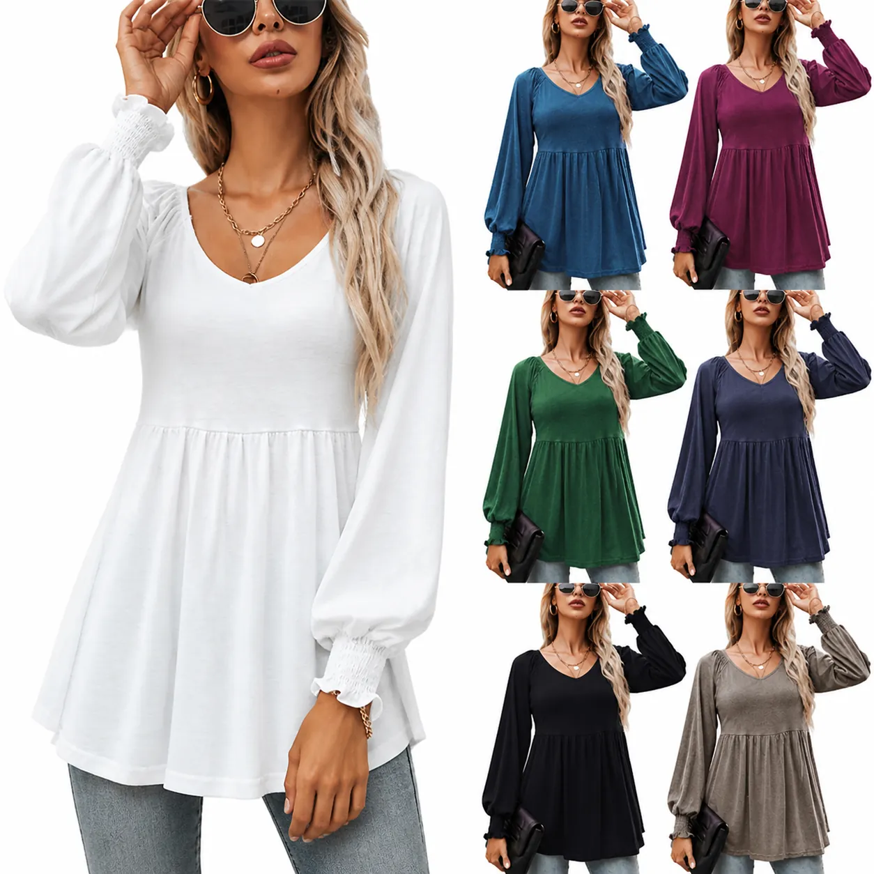 Top da Donna Casual Scollo a V Maniche a Sbuffo Peplo Tinta Unita Vita Arricciata Maglietta Elegante Streetwear Moda Blusa