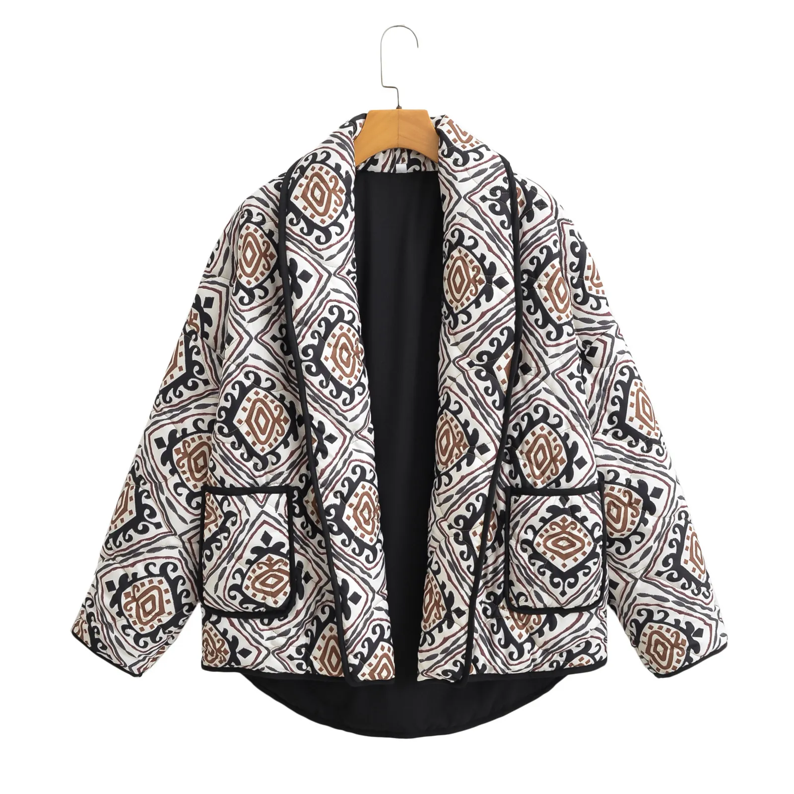 Women's Ethnic Geometric Print Quilted Cotton Padded Jacket Fashion Contrast Fake Two-Piece Stand Collar Warm Winter Top