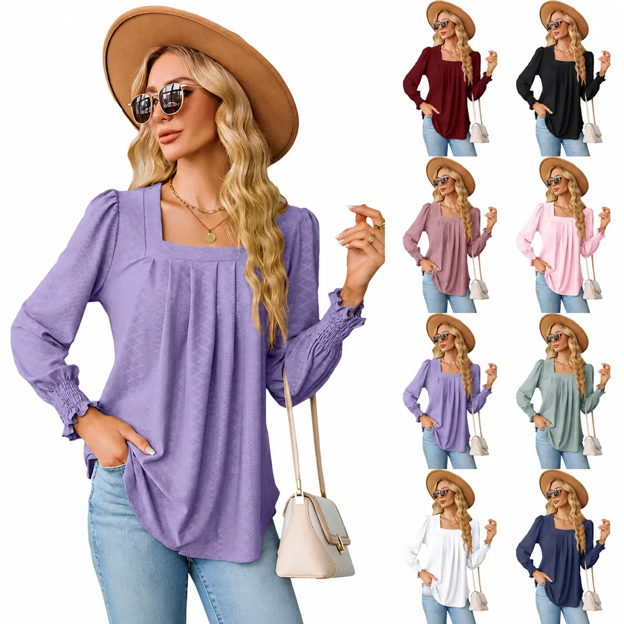 Women Western Style Square Neck Jacquard Long Sleeve T-Shirt Pleated Smocked Cuffs Solid Color Swallowtail Top Elegant Casual Autumn Tee