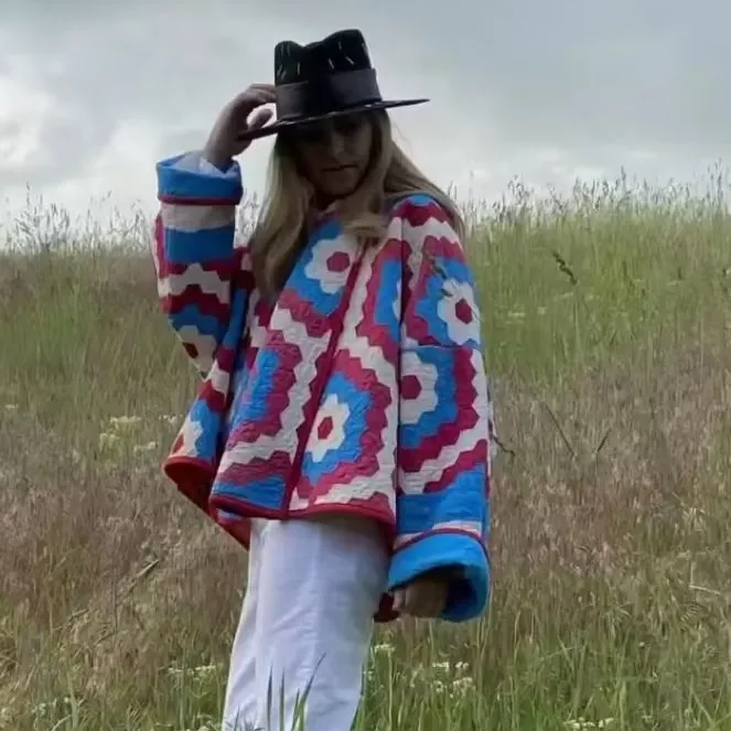 Women Street Style Padded Kimono Jacket Geometric Floral Print Long Sleeve V-Neck Quilted Outerwear Warm Winter Fashion Top