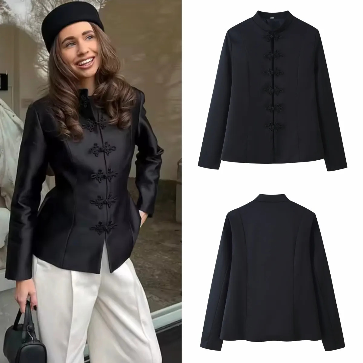 Women's Chinese Style Cropped Blazer Stand Collar Frog Button Polyester Jacket Vintage Solid Color Long Sleeve Top