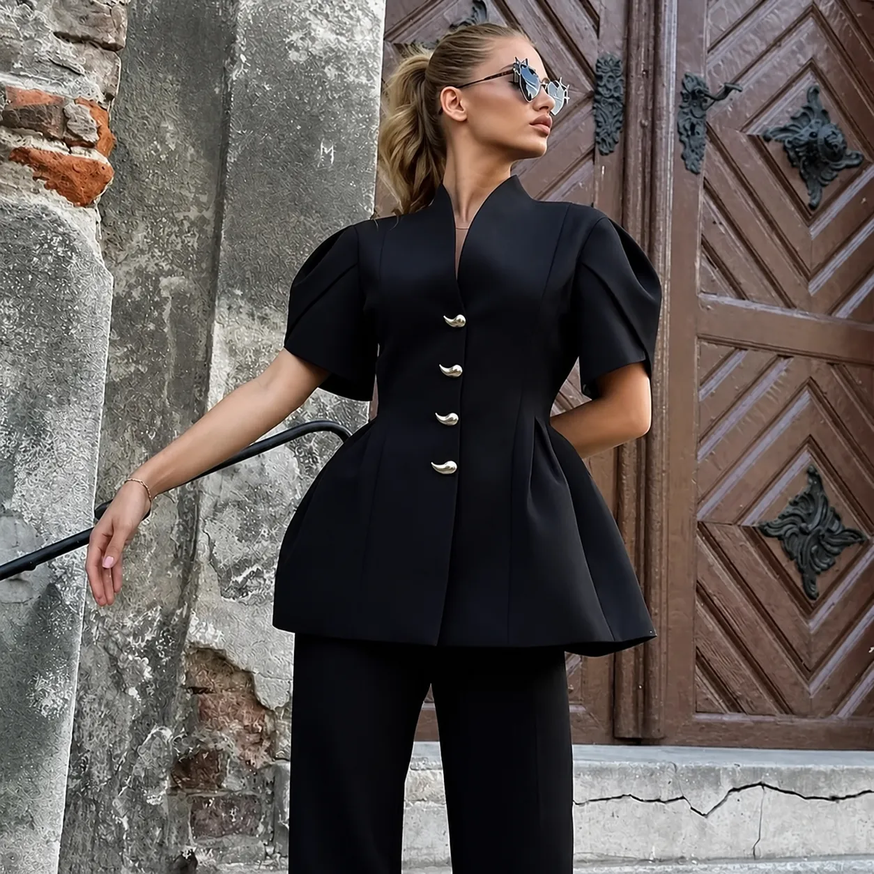 Top da Donna alla Moda Tinta Unita Scollo a V Maniche a Sbuffo e Pantaloni a Campana a Vita Alta Street Trendy Top And Bottom