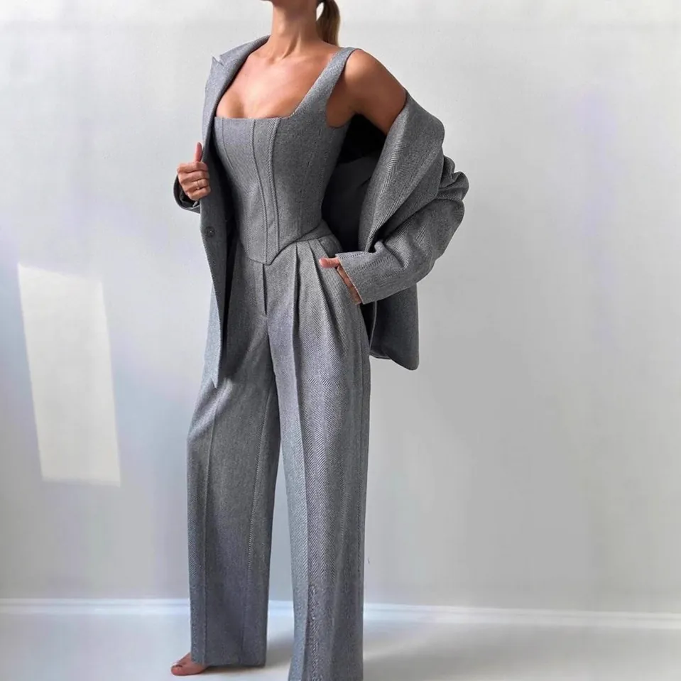 Damen Mode Freizeit 3-Teiliger Anzug Polyester Blazer Korsett Top Und Hose Elegant Einfarbig Pendeln Büro Set
