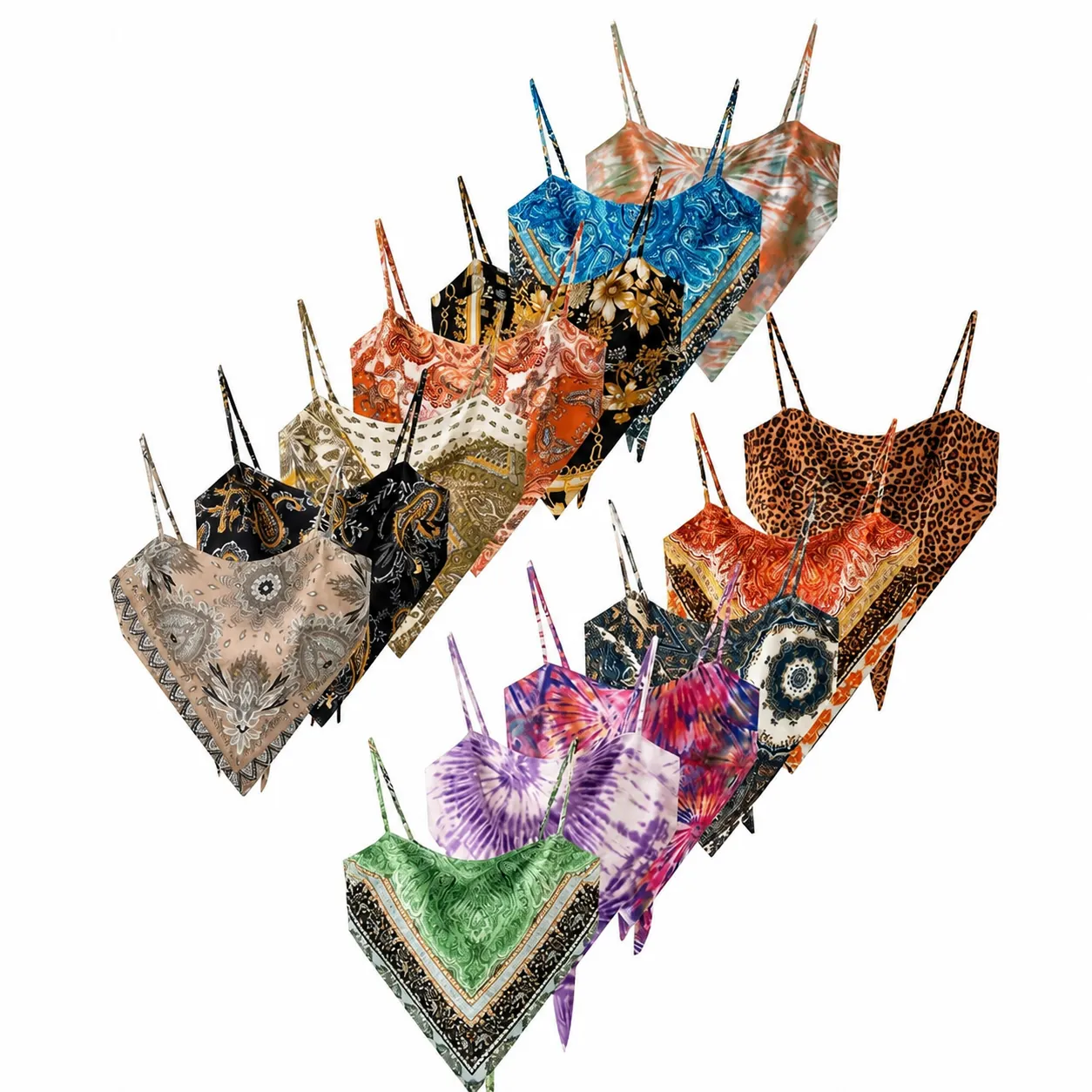 Women Irregular Hem Spaghetti Strap Camisole Polyester Printed Bow Backless Bandana Top Paisley Tie Dye Beach Vacation Top