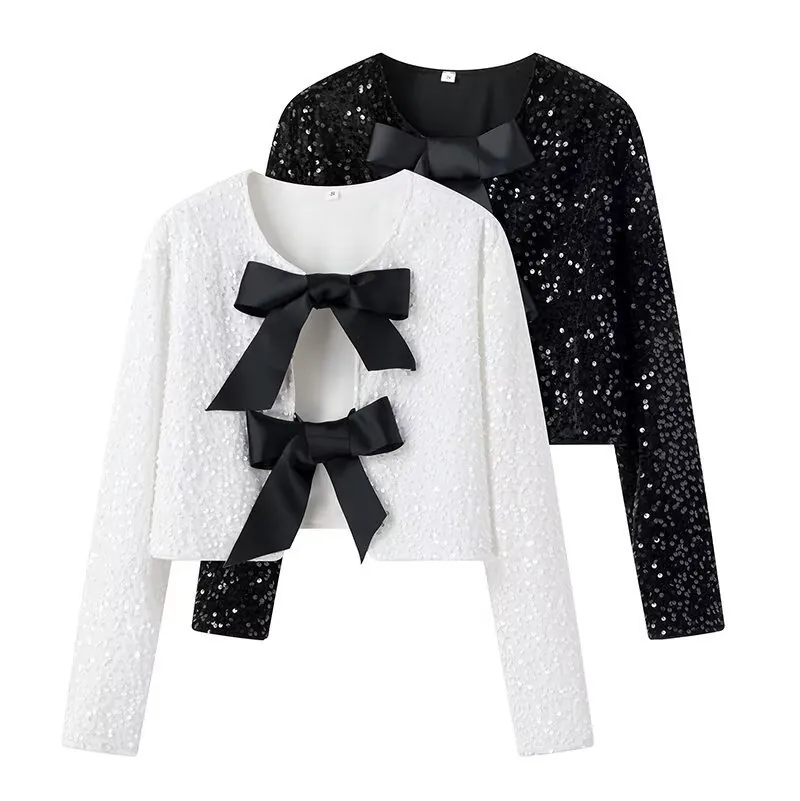 Women Elegant Sequined Bow Cropped Jacket Long Sleeve Round Neck Sparkling Bolero Top For Party Evening Lady White Black