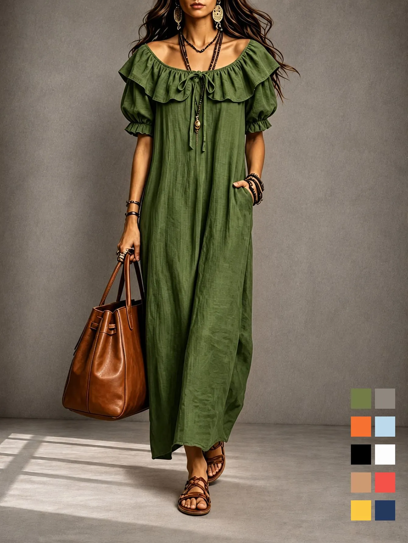 Vestido Maxi Bohemio con Cuello de Volantes y Manga Mariposa para Mujer Elegante Vestido Largo Plisado para Vacaciones