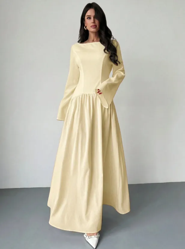Frans Temperament Off-shoulder Lange Mouwen Jurk Dames Herfst Slanke A-Lijn Maxi Jurk Elegant Effen Kleur Geplisseerd Polyester