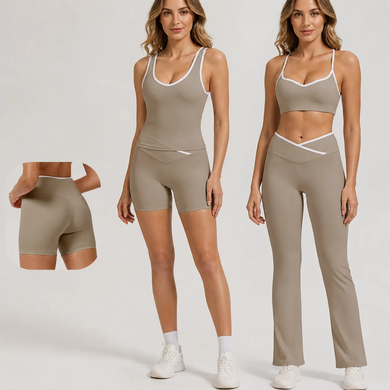 Damen Kontrastbesatz Yoga Set Top And Bottom Überkreuzte Taille Sport-BH Hohe Taille Schlaghose Running Fitness Gym Outfit