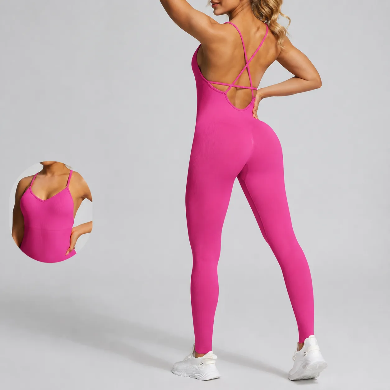 Mono de Yoga Sin Costuras para Mujer Nailon Elastano Espalda Descubierta Unitard Acanalado Gym Fitness Ajustado Top And Bottom Ropa Deportiva