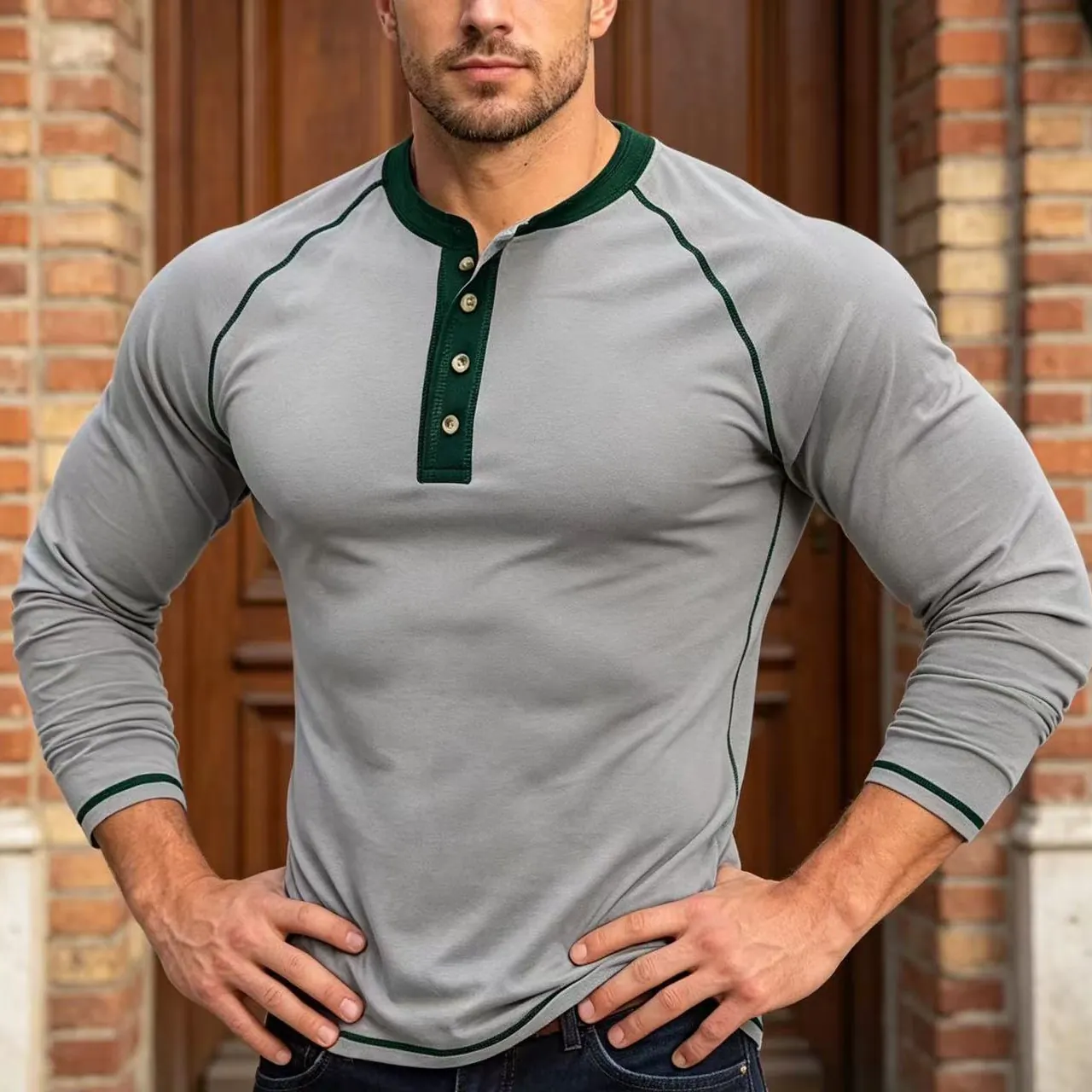 Men Slim Fit Henley T-Shirt Long Sleeve Contrast Raglan Stitching Breathable Cotton Blend Casual Fashion Base Layer Top
