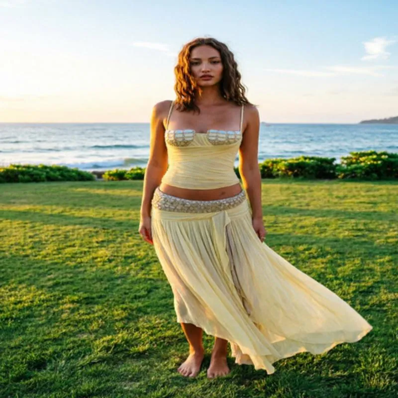 Haut de Corset Licou Sexy Pour Femmes Et Jupe Maxi En Maille Froncée Top And Bottom Décor De Paillettes Tenue De Vacances À La Plage