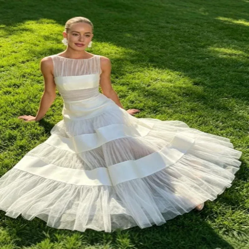 Franse Stijl Wit Gaas Patchwork Mouwloos Galajurk Gelaagde Taartjurk Maxi Jurk Voor Vrouwen Trouwfeest Avondjurk