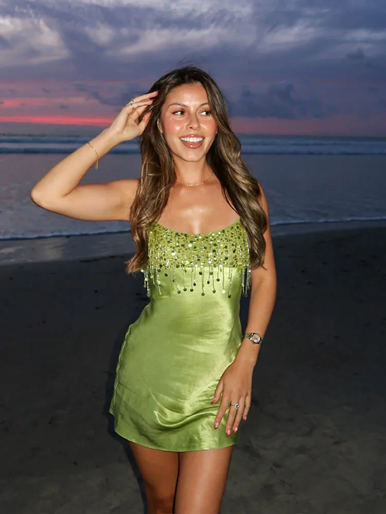 Sexy Lime Green Sequin Tassel Cami Dress For Women Backless Mini Satin Party Beach Vacation Clubwear Bodycon Dress